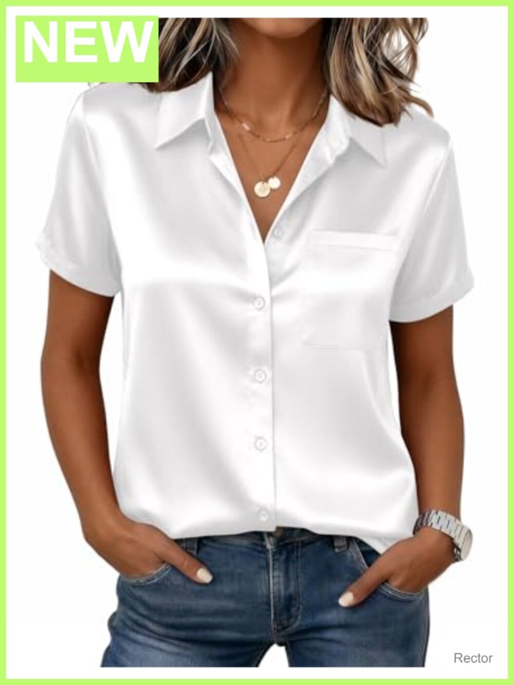 Satin Silk Button Down Short Sleeve Blouse V-Neck Chest Pocket Regular Fit Women